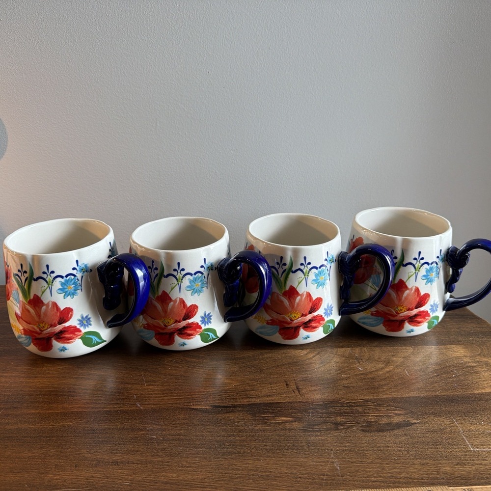 Set Of 4 Pioneer Woman Spring Bouquet Floral Mug 19 oz Ceramic Blue Handle